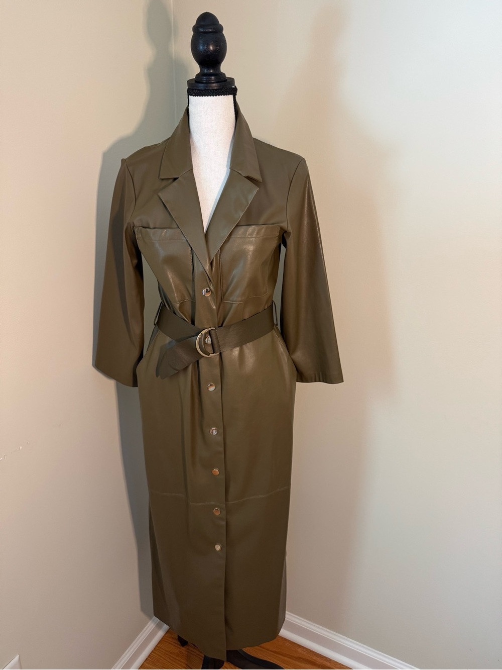 Zara Olive Faux Leather Belted Midi Dress
